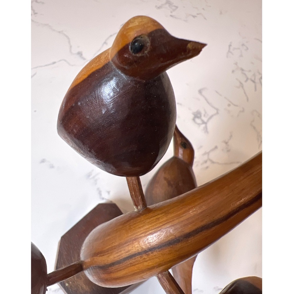 Vintage Hand Carved Wood Bird Tree Sculpture 5 Birds on Branch Folk Art MCM - Picture 6 of 12